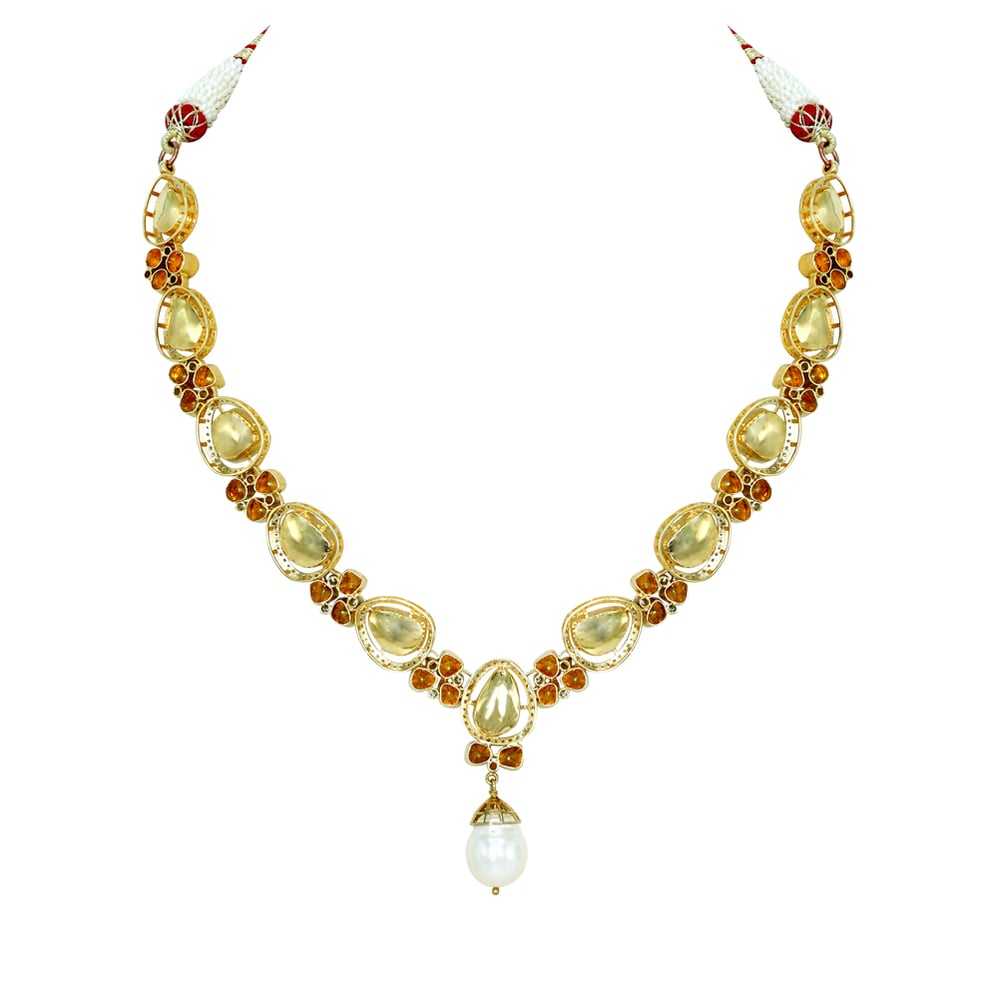 Teardrop Polki Necklace with Diamonds and Pearl Drop